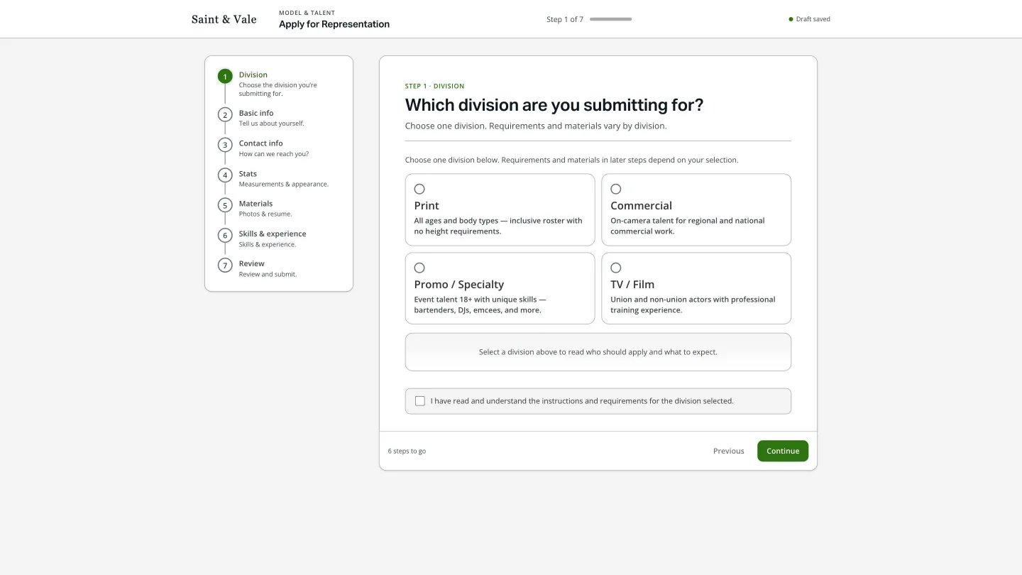 Public application form, step one of seven, choosing a division with referral-only divisions marked