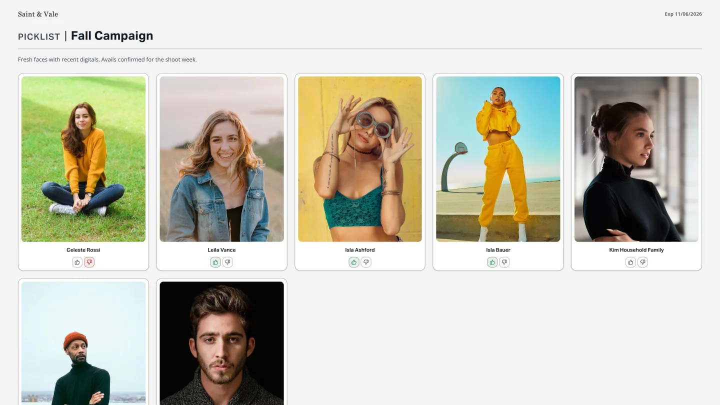 The client’s view of the same picklist: talent photos and names under the agency’s brand, with like and pass buttons