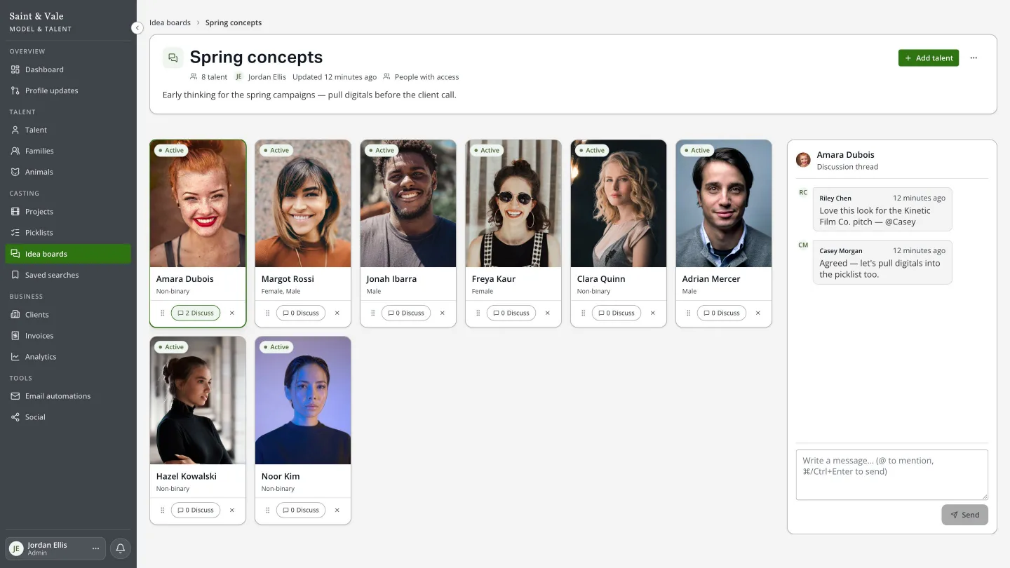 Idea board with talent cards and a discussion thread with mentions