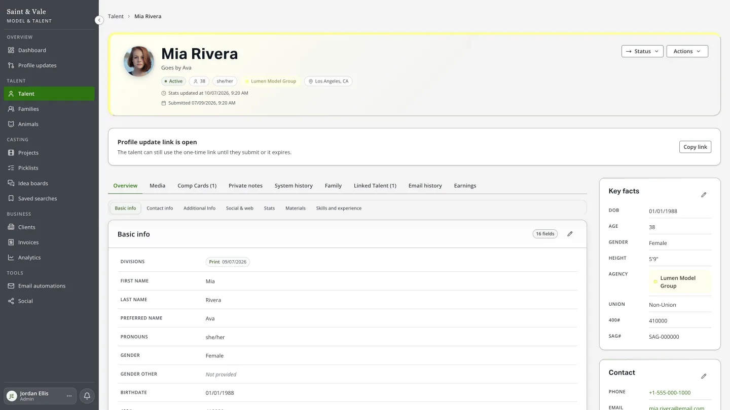 Talent profile with status, pronouns, mother agency, location, divisions and key facts