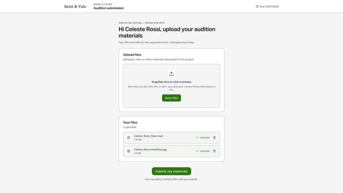 The talent’s audition upload page: project name, deadline, a drag-and-drop area and two uploaded files ready to submit